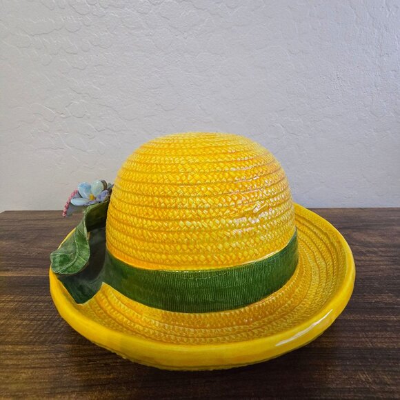 Vintage Ceramic Hat Shaped Wall or Table Yellow With Flowers Made In Italy - Picture 7 of 12